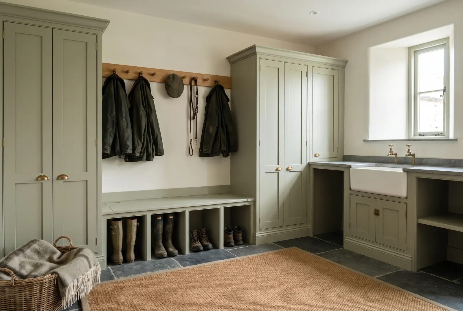 A fitted boot room in hand-painted sage in-frame cabinets: a bench with boot cubbies beneath it, coat pegs on an oak rail, tall cupboards and a butler sink, on a slate flagstone floor