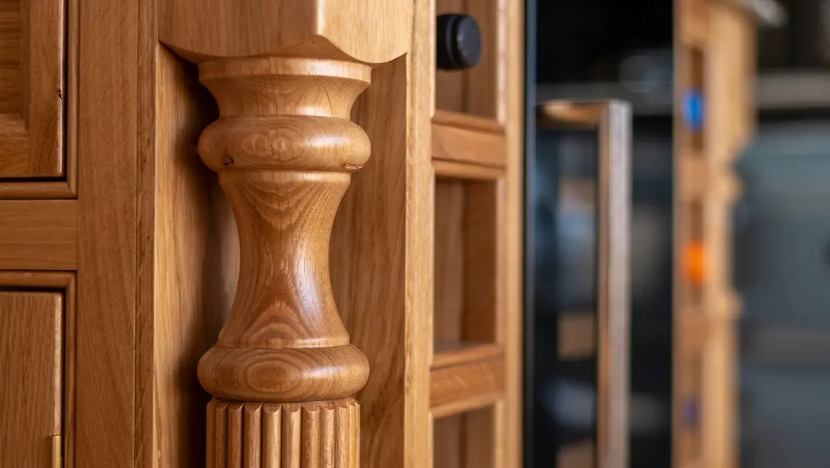 Close detail of a turned and fluted oak column lacquered to a satin finish, beside a glazed door